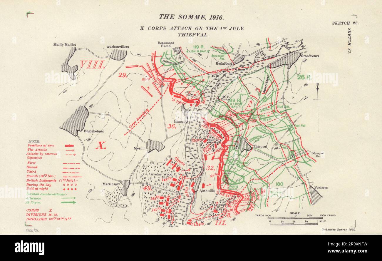 Somme, 1916. X Corps attack, 1st July. Thiepval. WW1. Trenches 1932 old map Stock Photo