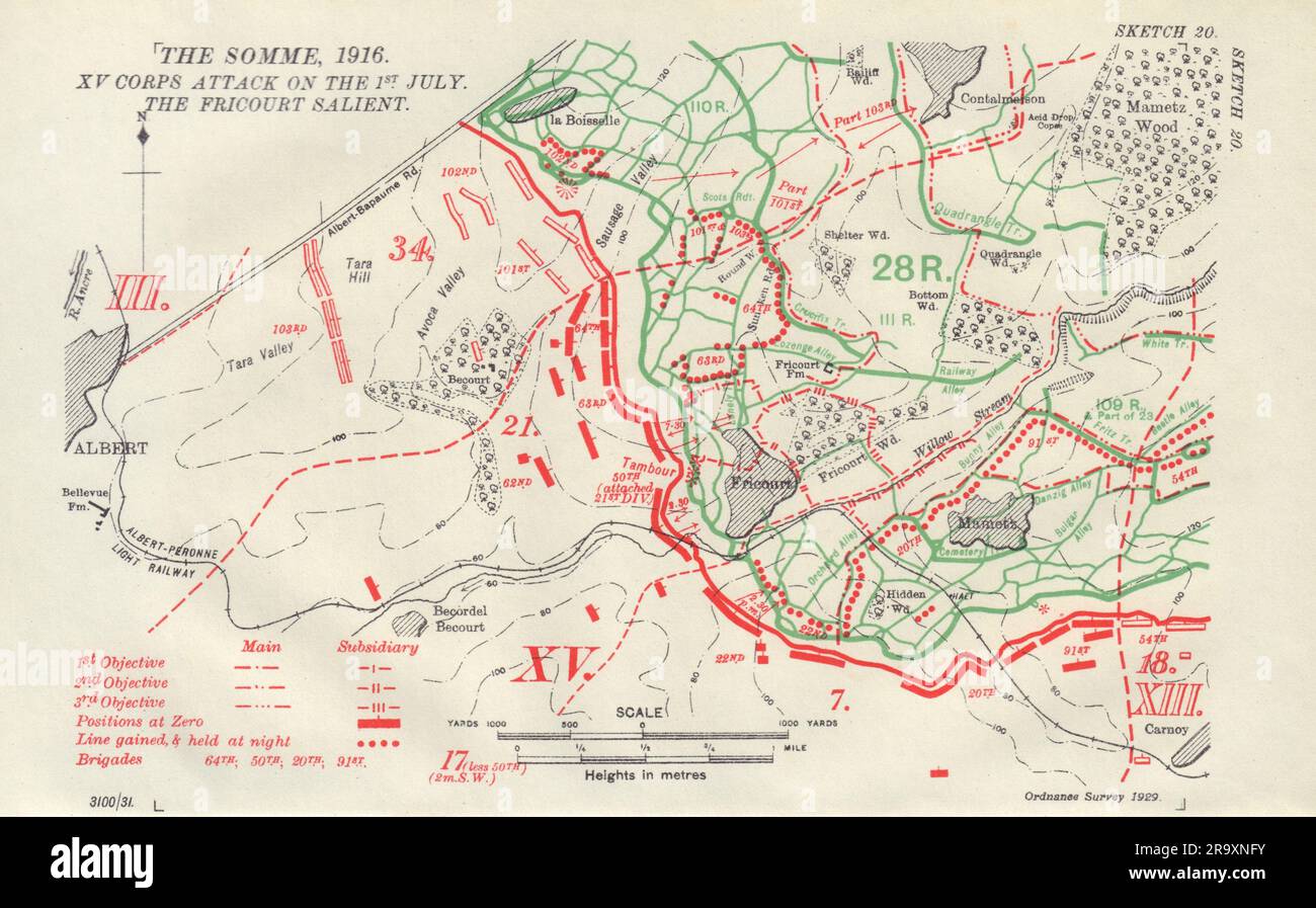Somme, 1916. XV Corps attack, 1st July. Fricourt Salient. WW1. Trenches 1932 map Stock Photo