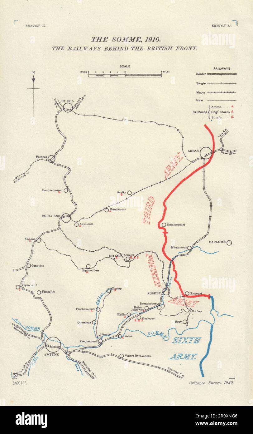 Somme, 1916. Railways behind British Front. First World War. 1932 old map Stock Photo