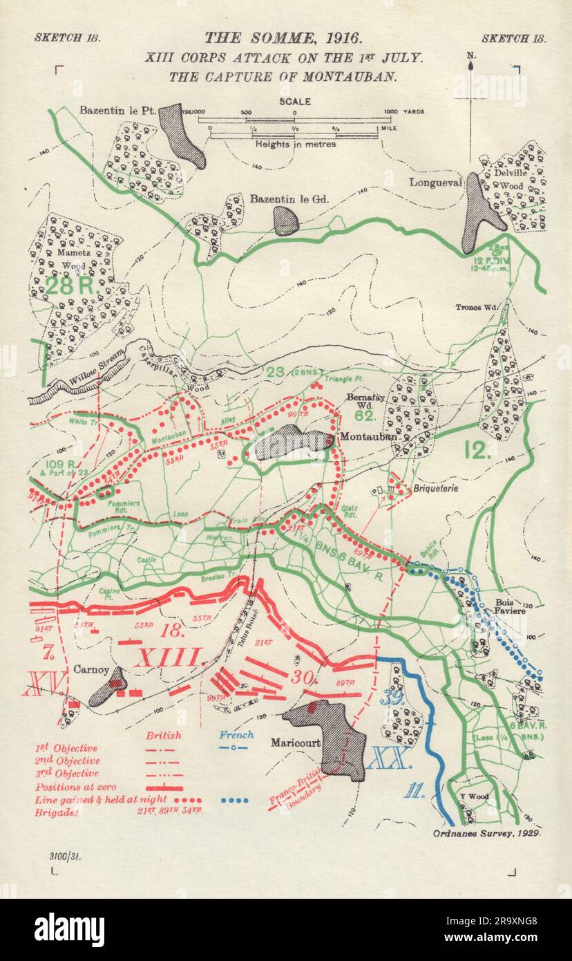 Somme 1st July 1916. XIII Corps attack. Montauban capture. WW1 Trenches 1932 map Stock Photo