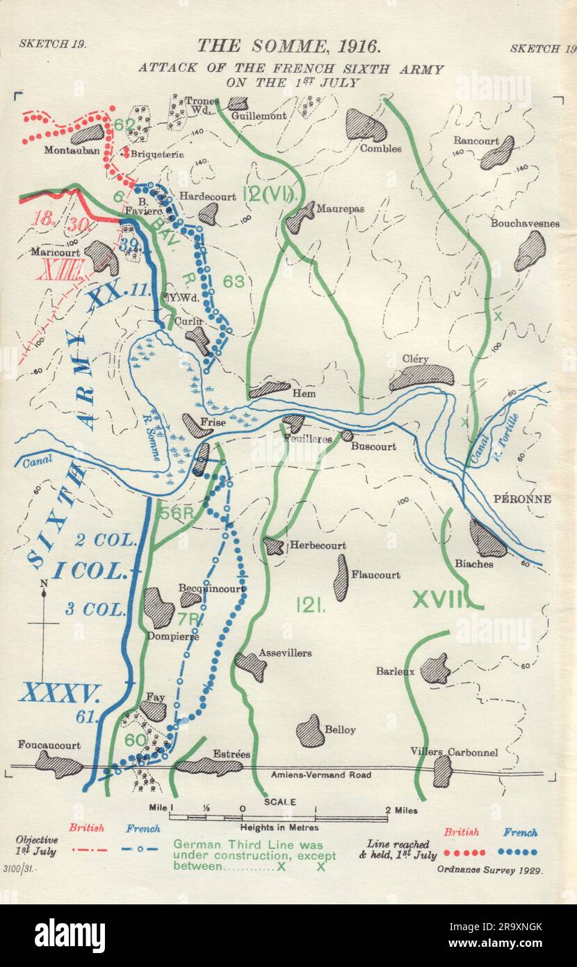 Somme, 1916. Attack of French Sixth Army on 1st July. First World War. 1932 map Stock Photo