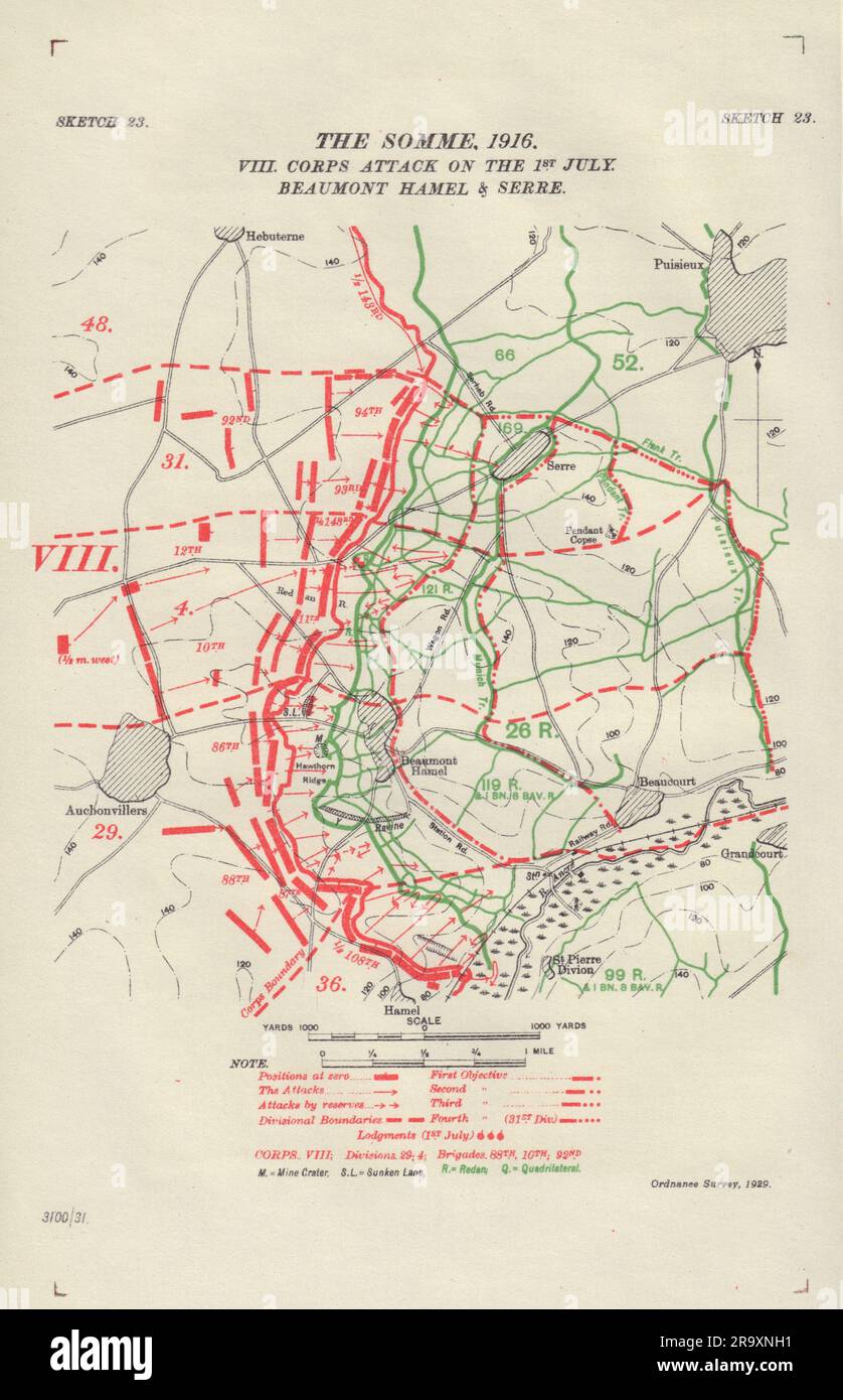 Somme. VIII Corps attack 1st July 1916. Beaumont Hamel Serre. Trenches 1932 map Stock Photo