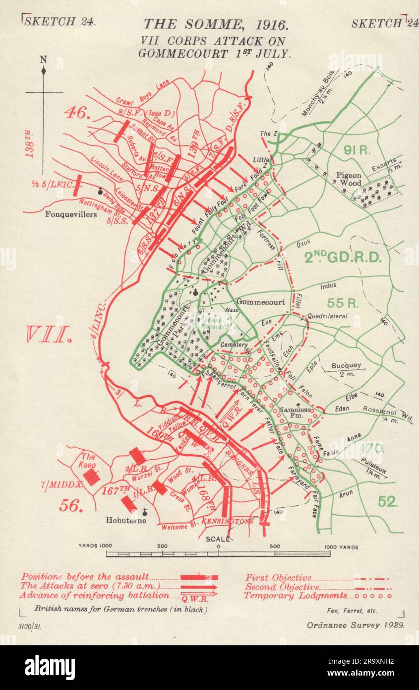 Somme, 1916. VII Corps attack on Gommecourt 1st July. WW1. Trenches 1932 map Stock Photo