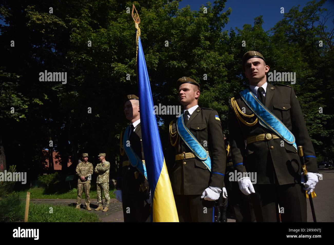 Lviv, Ukraine. 28th June, 2023. Cadets from the honor guard during the celebration of the Constitution Day of Ukraine. Ukraine celebrated the 27th anniversary of the adoption of the country's basic law - the constitution. In the conditions of the Russian-Ukrainian war, official events were very short. In Lviv, the Ukrainian flag was raised, honor guard marched, and a military band performed. Credit: SOPA Images Limited/Alamy Live News Stock Photo