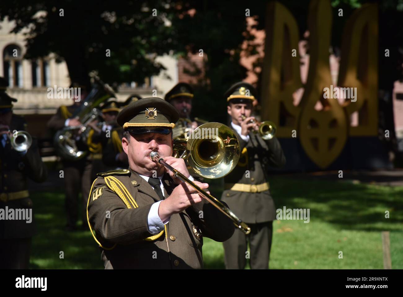 Lviv, Ukraine. 28th June, 2023. The military band during the celebration of the Constitution Day of Ukraine. Ukraine celebrated the 27th anniversary of the adoption of the country's basic law - the constitution. In the conditions of the Russian-Ukrainian war, official events were very short. In Lviv, the Ukrainian flag was raised, honor guard marched, and a military band performed. Credit: SOPA Images Limited/Alamy Live News Stock Photo