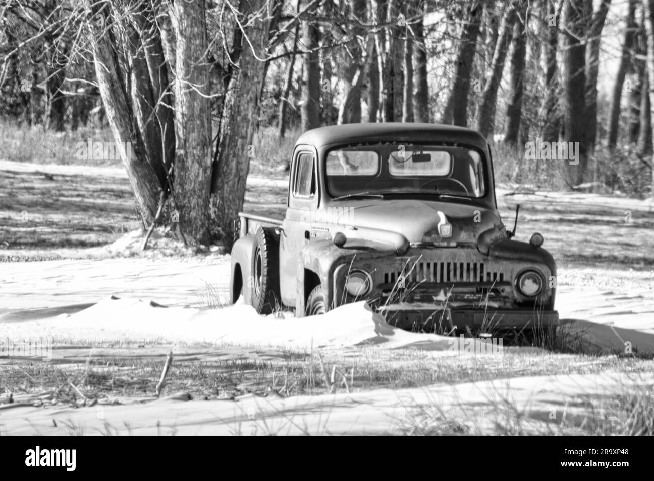An old pickup truck sitting next to a tree in the snow Stock Photo