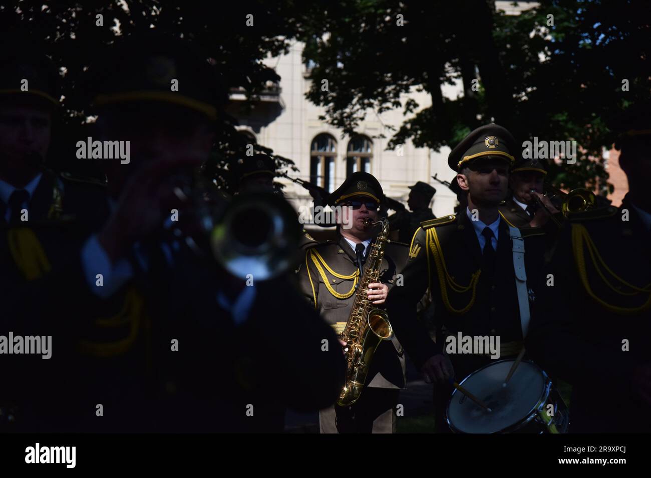The military band during the celebration of the Constitution Day of Ukraine. Ukraine celebrated the 27th anniversary of the adoption of the country's basic law - the constitution. In the conditions of the Russian-Ukrainian war, official events were very short. In Lviv, the Ukrainian flag was raised, honor guard marched, and a military band performed. (Photo by Pavlo Palamarchuk / SOPA mages/Sipa USA) Stock Photo
