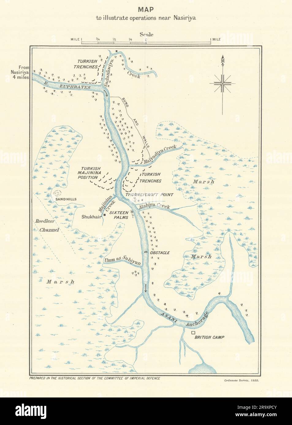 Battle of Nasiriyah, July 1915. Mesopotamian Campaign. First World War. 1923 map Stock Photo