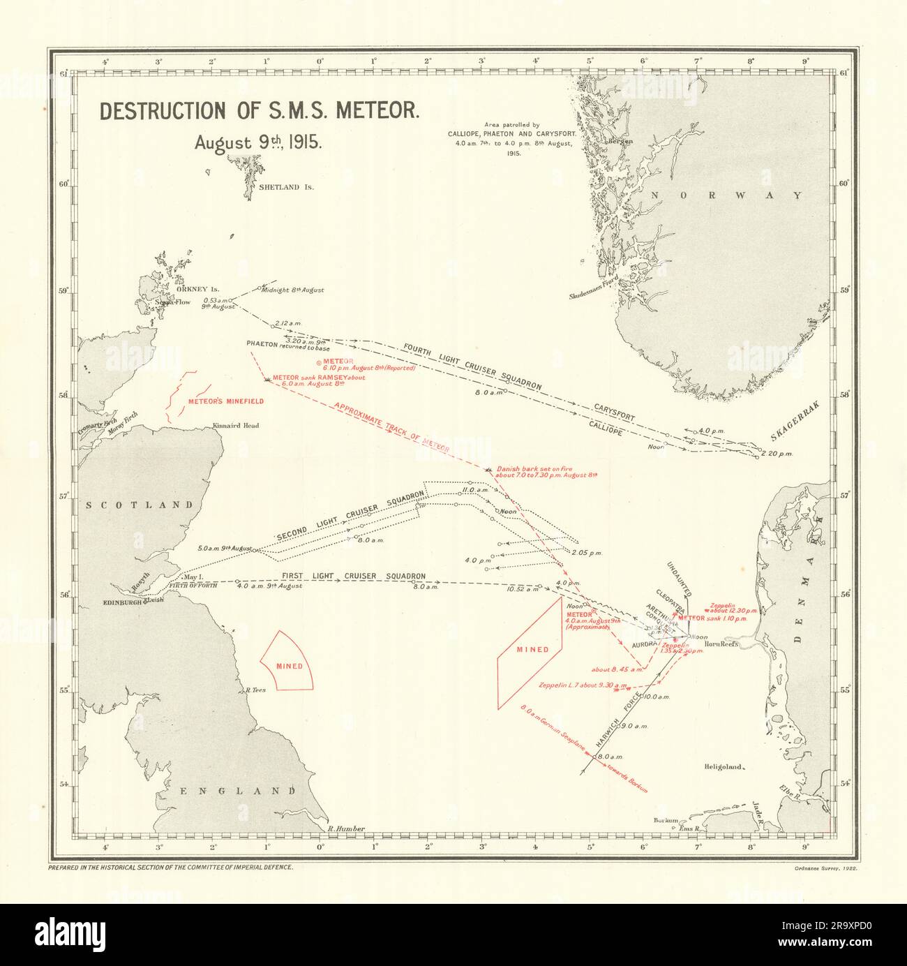 Destruction of S.M.S. Meteor August 9th 1915. Blockade of Germany. WW1. 1923 map Stock Photo