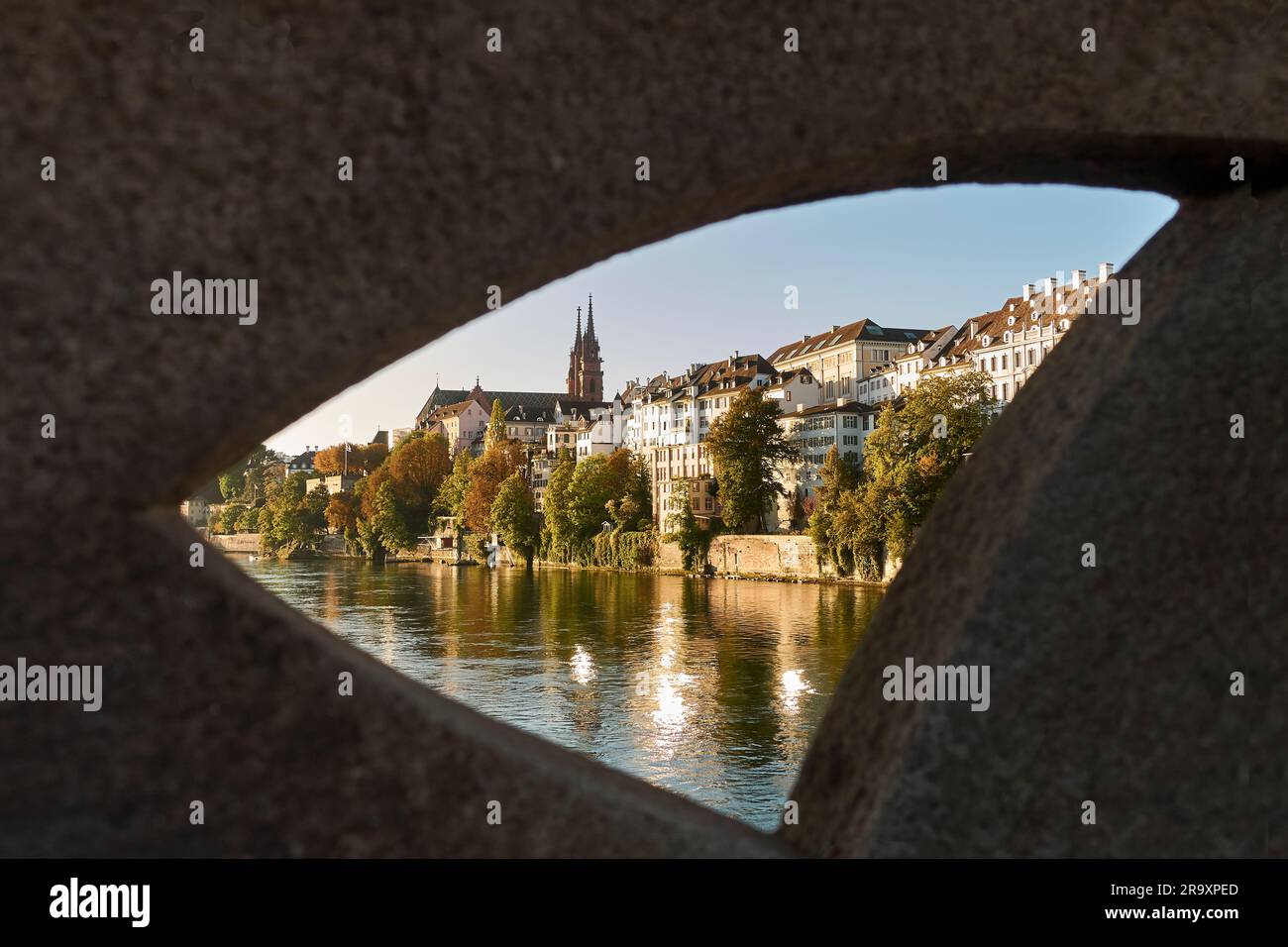 The old town of Basel seen through a gap in the bridge (Middle Bridge) Stock Photo