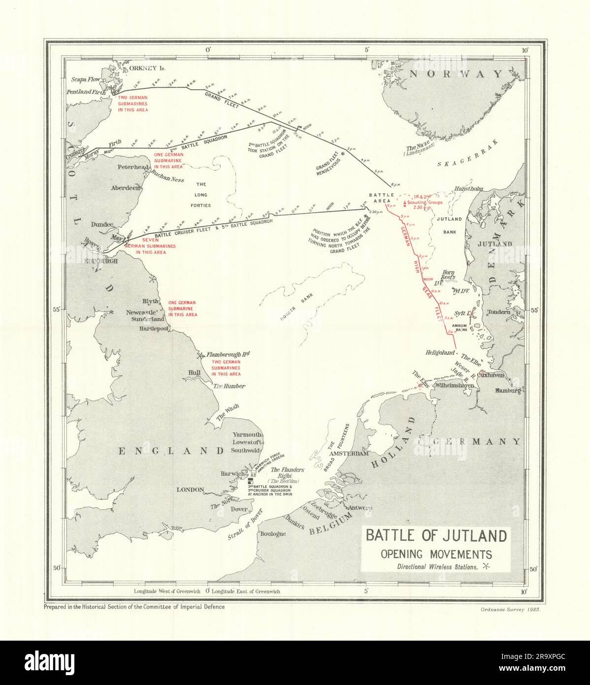 Battle of Jutland. Opening Movements. 31 May 1916. WW1. 1923 old vintage map Stock Photo