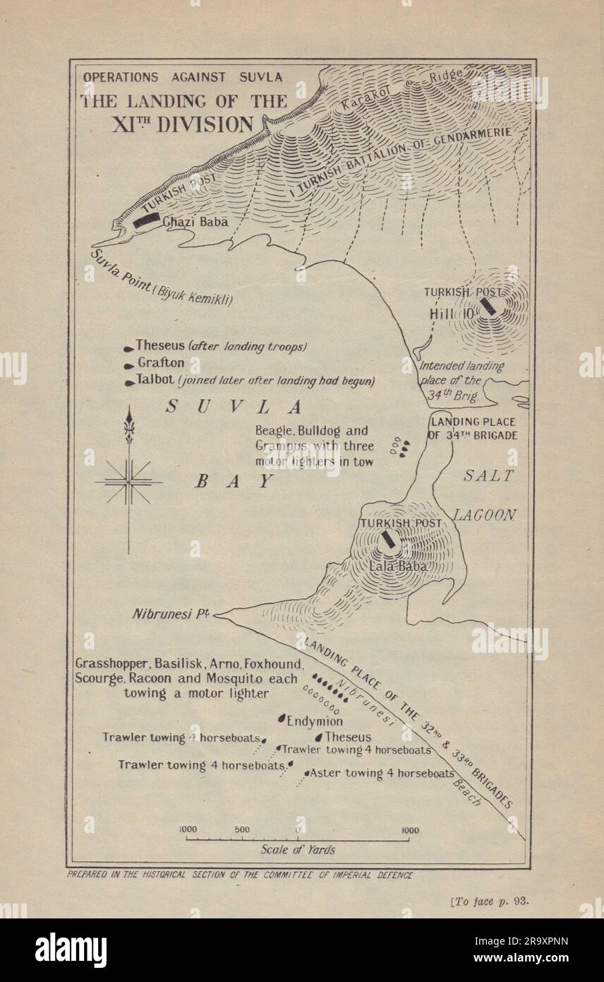 Suvla Bay landing, August 1915. XI Division. Gallipoli Campaign. WW1. 1923 map Stock Photo