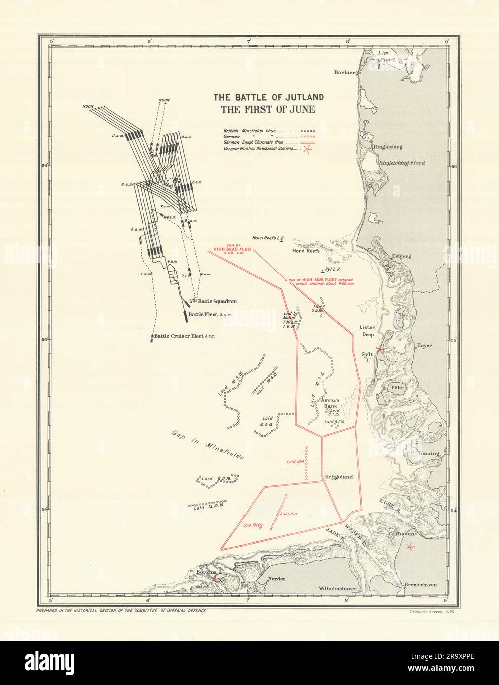 Battle of Jutland. First of June 1916. First World War. 1923 old vintage map Stock Photo
