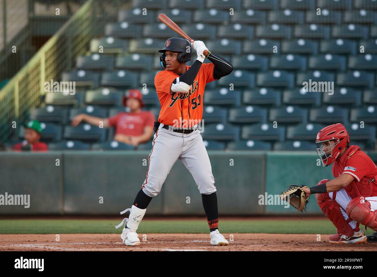 Jean Carlos Sio (50) of the ACL Giants Orange during an Arizona Complex  League game against the ACL Angels on June 7, 2023 at Tempe Diablo Stadium  in Tempe, Arizona. (Tracy Proffitt/Four