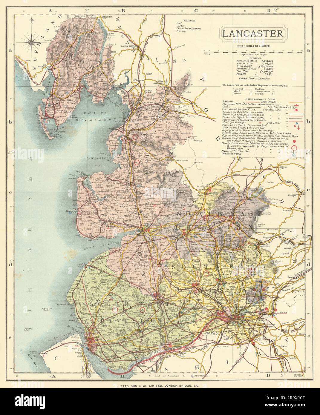 Lancashire county map showing Post Towns & Market Days. LETTS 1884 old Stock Photo