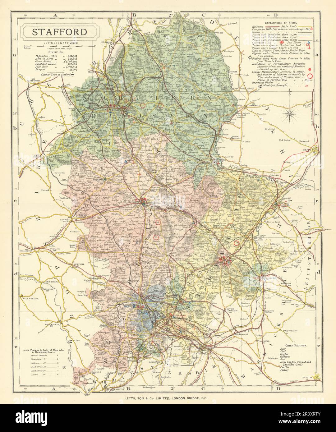 Staffordshire county map showing Post Towns & Market Days. LETTS 1884