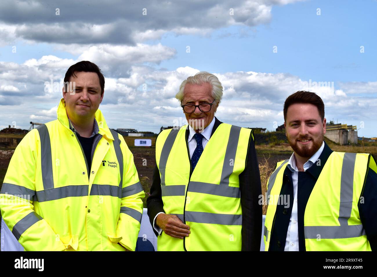 Redcar, UK. 29 Jun 2023. Tees Valley Mayor Ben Houchen, Lord Michael Heseltine and Redcar MP Jacob Young pictured after the final explosive blowdown on the Teesworks site took place. This saw the former Redcar Steelworks Power Station and associated structures demolished - including a triple flare stack, the power station building, chimney, and gas holder, making way for redevelopment. Lord Michael Heseltine pressed the button to trigger the explosive demolition. Tees Valley Mayor Ben Houchen and Redcar MP Jacob Young were also present. The site is part of the Teesside Freeport and is currentl Stock Photo