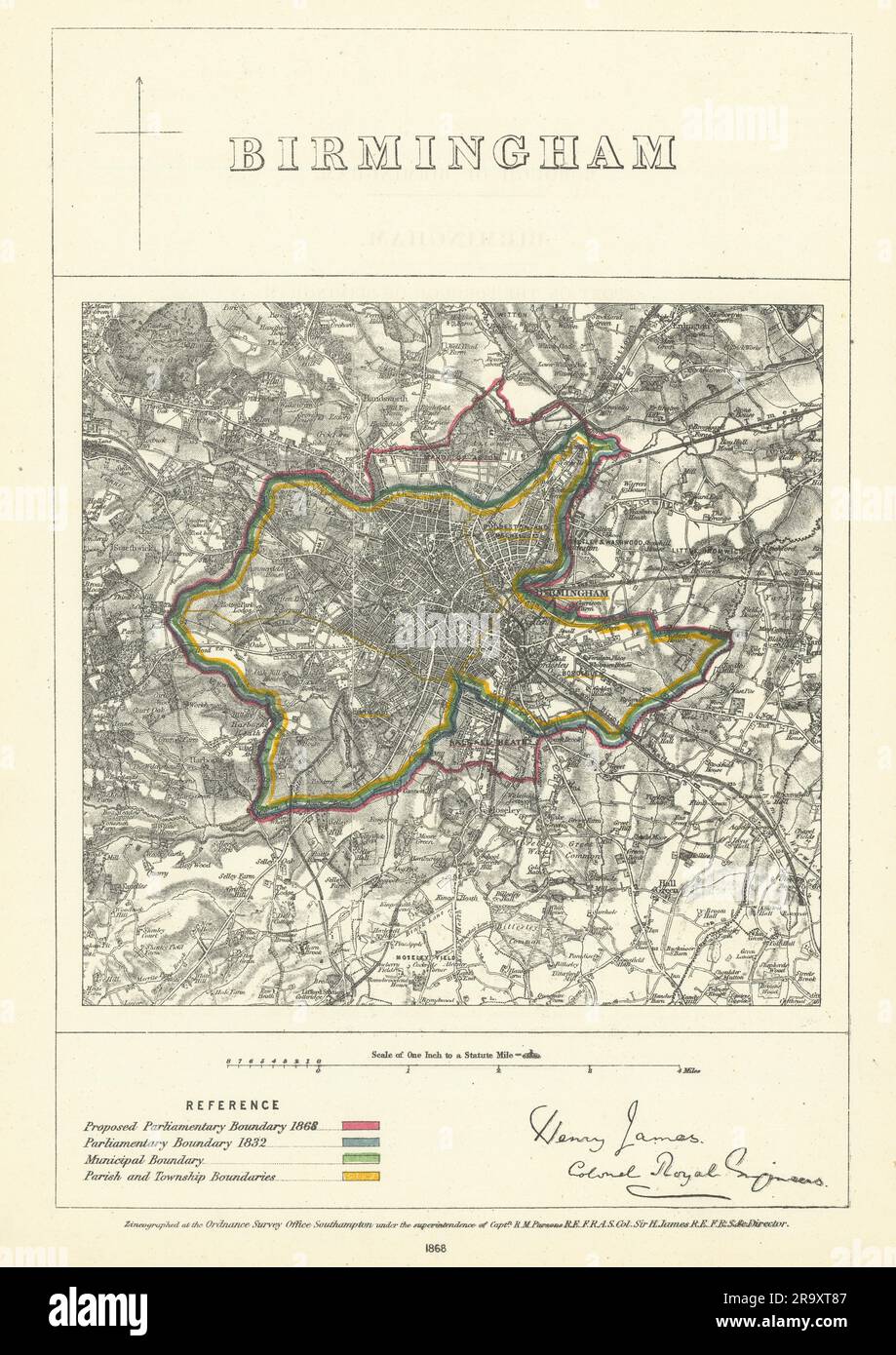 Birmingham, Warwickshire. JAMES. Parliamentary Boundary Commission 1868 map Stock Photo
