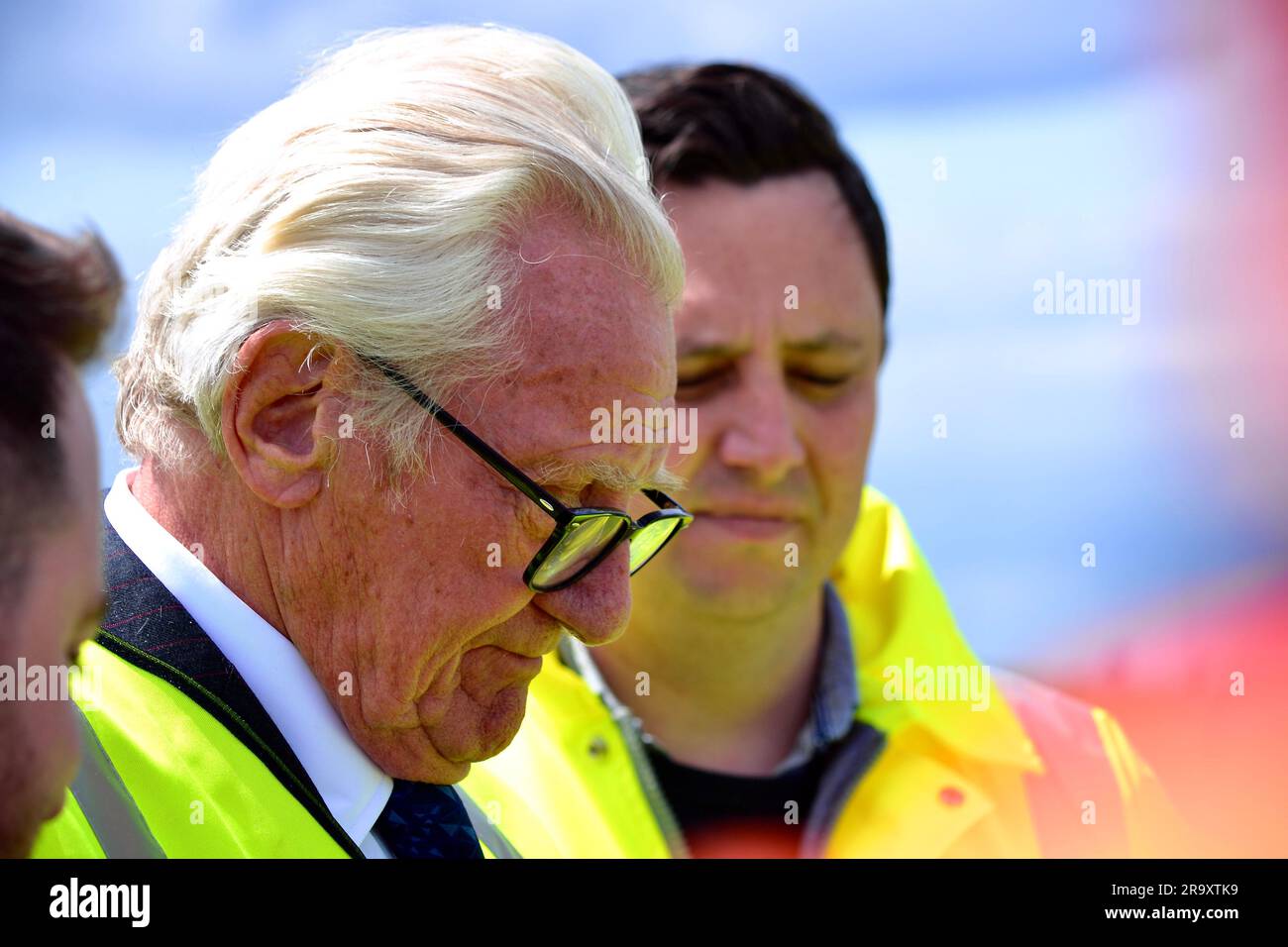 Redcar, UK. 29 Jun 2023. Lord Michael Heseltine pictured after detonating the final scheduled explosive blowdown on the Teesworks site today. This saw the former Redcar Steelworks Power Station and associated structures demolished - including a triple flare stack, the power station building, chimney, and gas holder, making way for redevelopment. Lord Michael Heseltine pressed the button to trigger the explosive demolition. Tees Valley Mayor Ben Houchen and Redcar MP Jacob Young were also present. The site is part of the Teesside Freeport and is currently being redeveloped, making way for new i Stock Photo