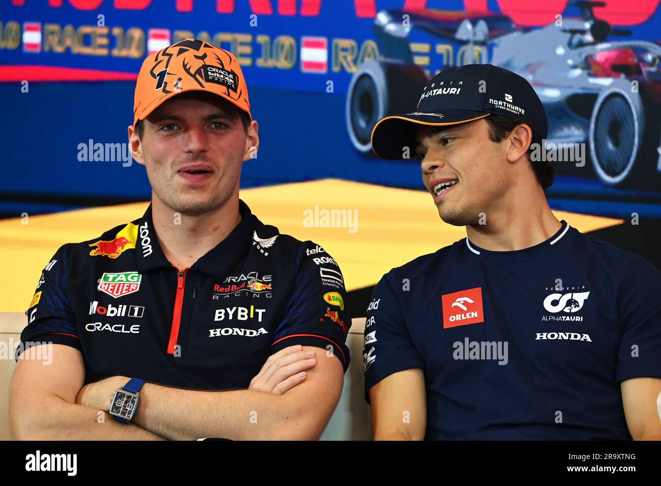 Spielberg, Austria. 29th June, 2023. (L to R) Max Verstappen (NLD) Red Bull Racing and Nyck de Vries (NLD) AlphaTauri in the FIA Press Conference