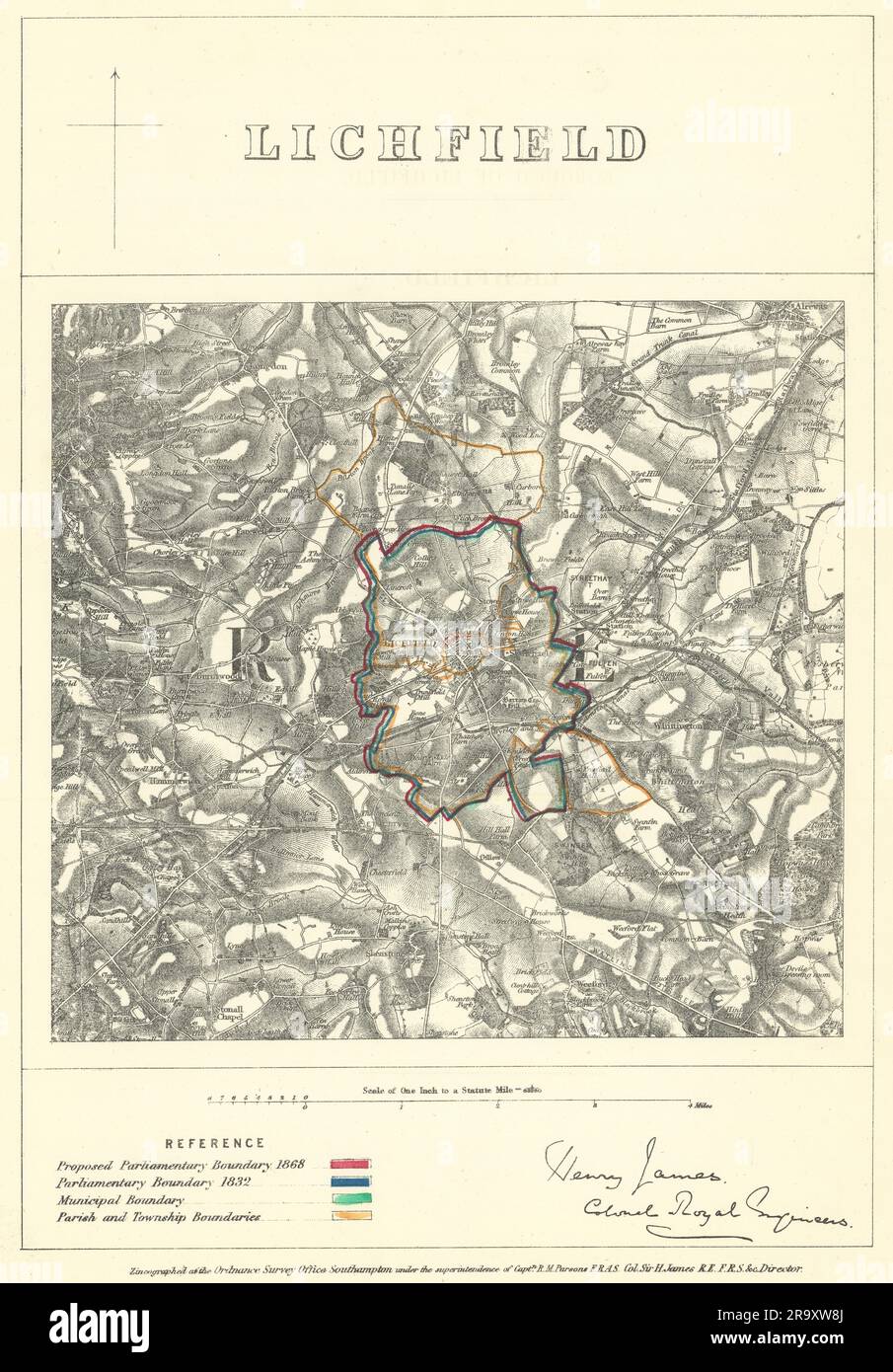 Lichfield, Staffordshire. JAMES. Parliamentary Boundary Commission 1868 map Stock Photo