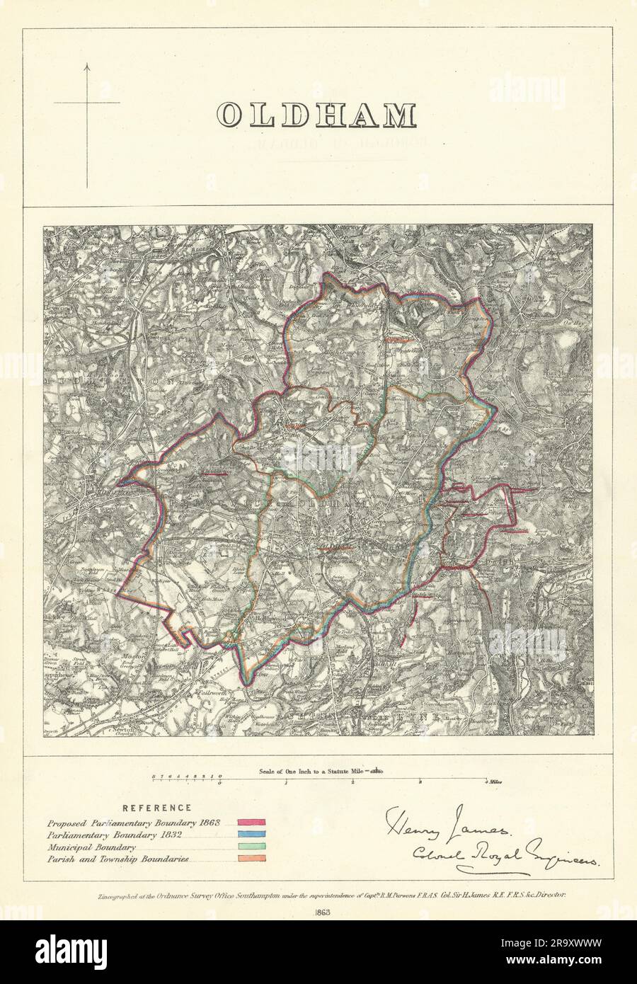 Oldham, Lancashire. JAMES. Parliamentary Boundary Commission 1868 map Stock Photo