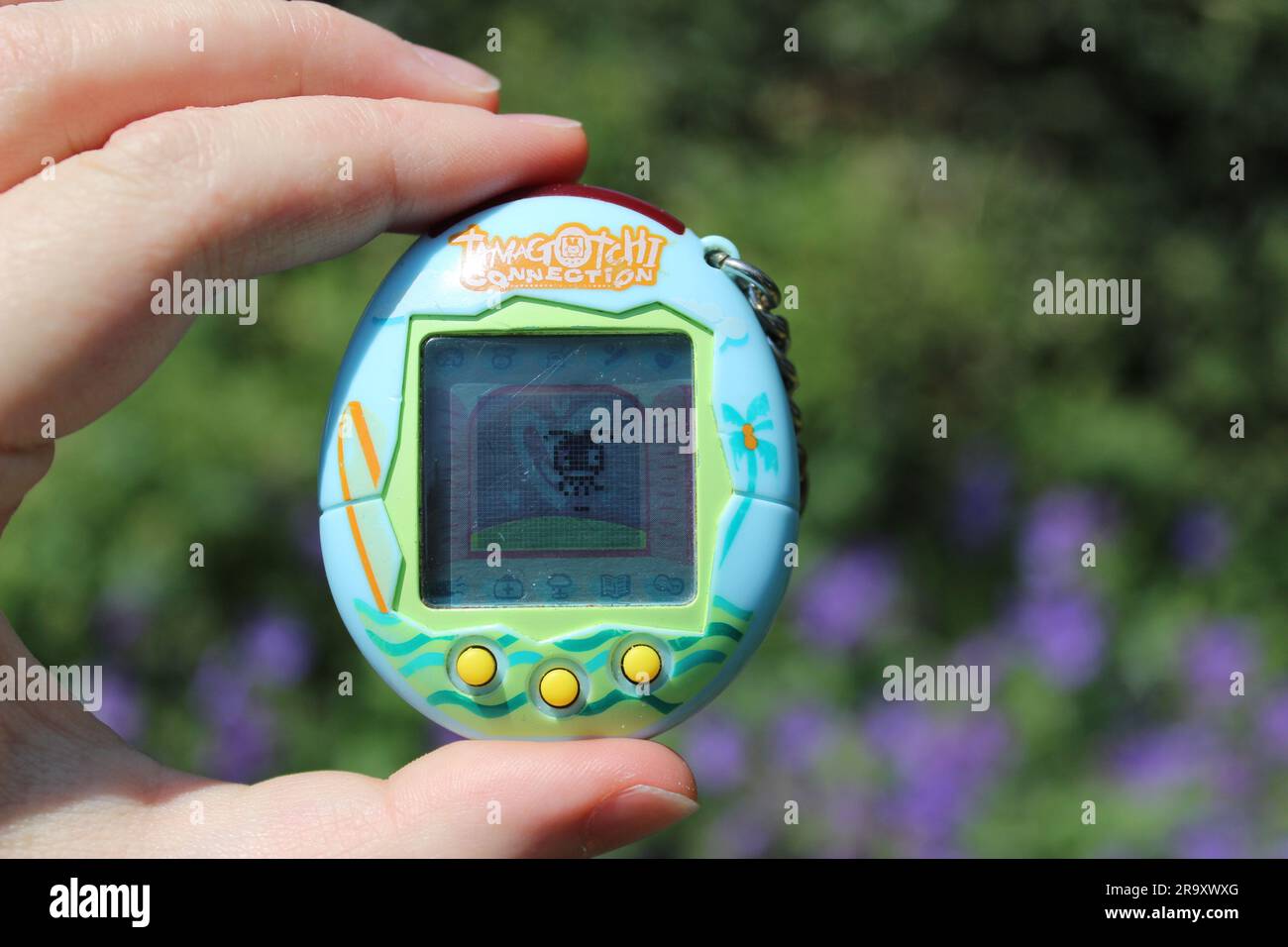A tamagotchi device with a beach themed design is held in a garden setting. The character on the screen resembles an octopus. Stock Photo