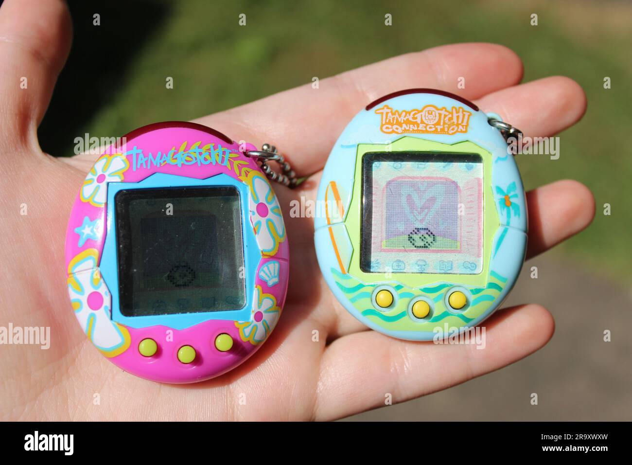 Two handheld tamagotchi devices, with pink and blue-green designs. Stock Photo