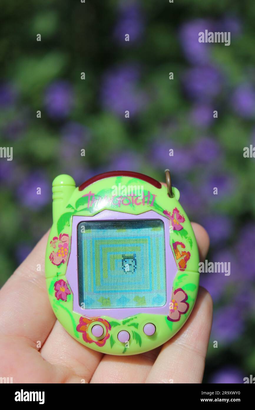 Photo depicting a tamagotchi device, green with tropical flowers, held in someone's hand. Stock Photo