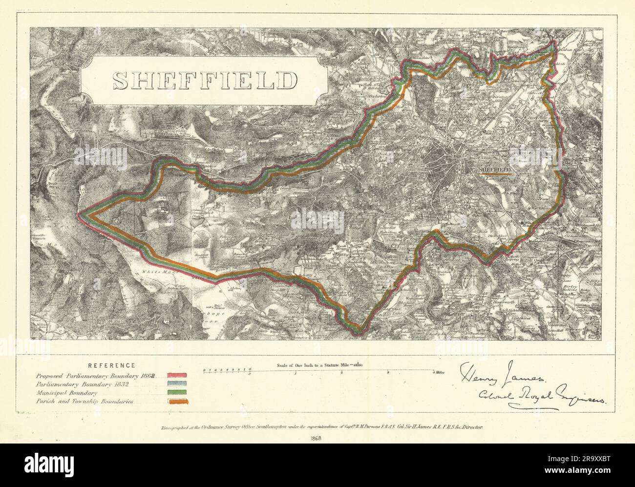 Sheffield, Yorkshire. JAMES. Parliamentary Boundary Commission 1868 old map Stock Photo