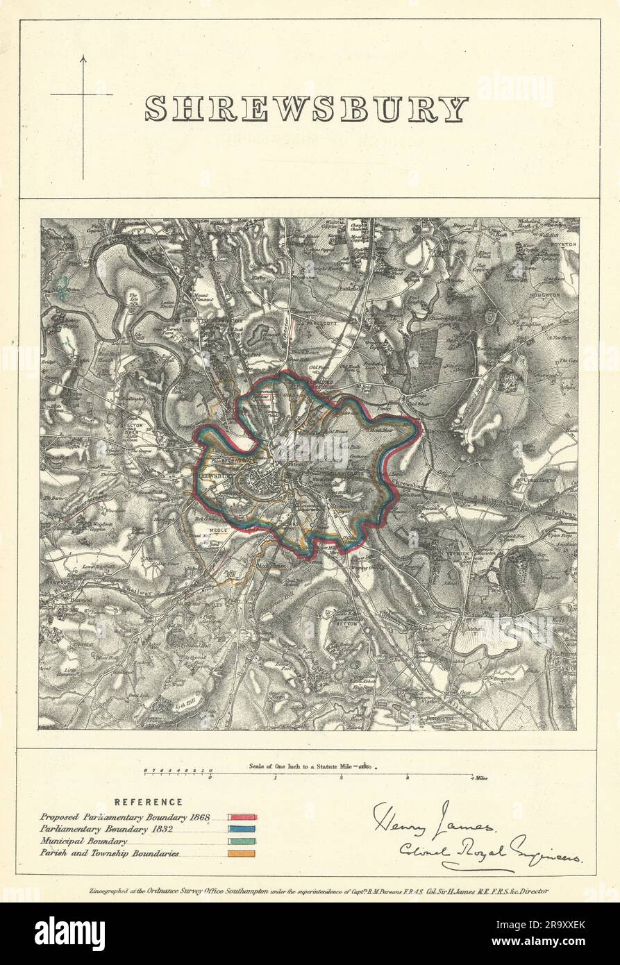 Shrewsbury, Shropshire. JAMES. Parliamentary Boundary Commission 1868 old map Stock Photo