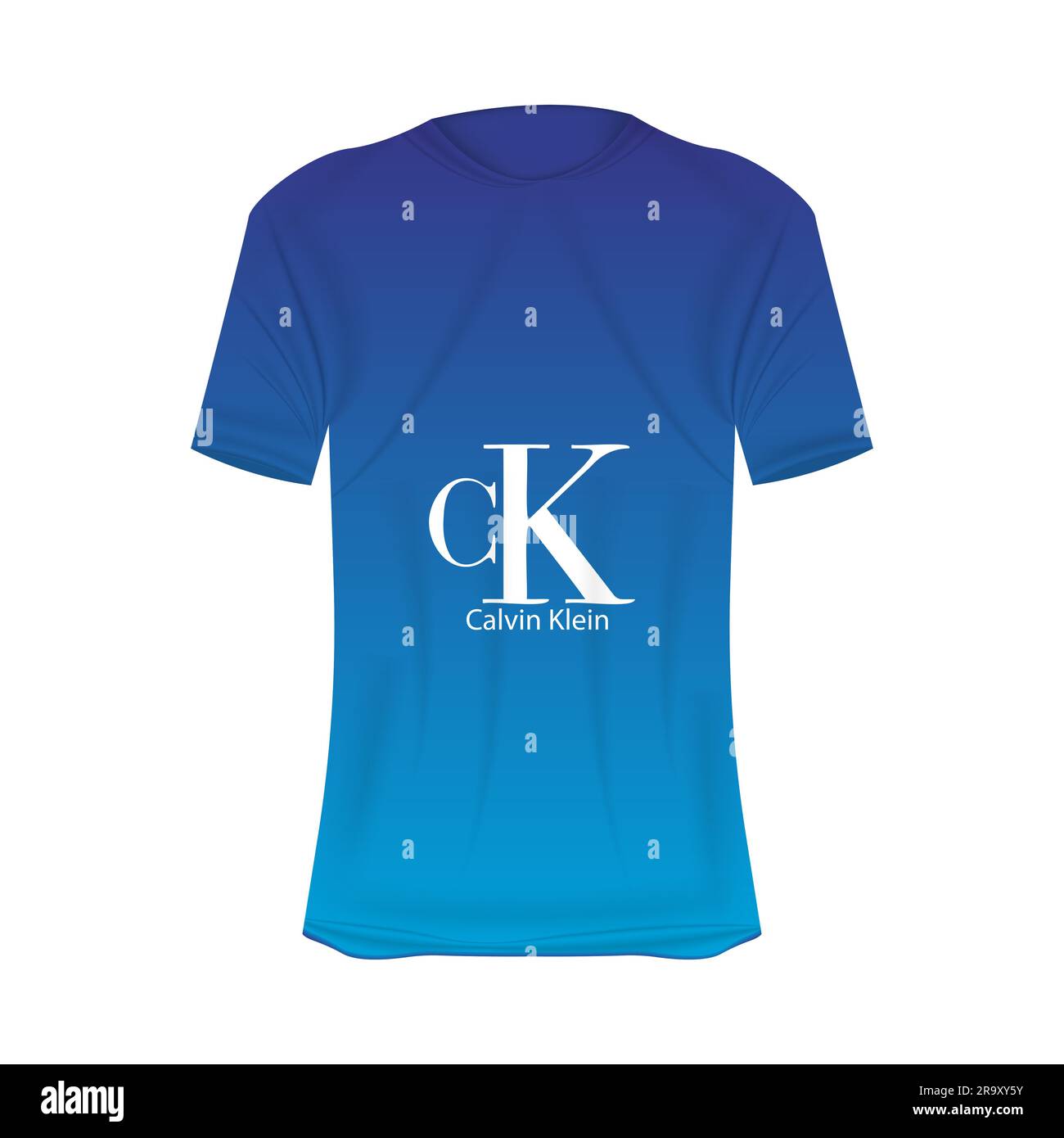 Calvin Klein logo T-shirt mockup in blue colors. Mockup of realistic shirt with short sleeves. Blank t-shirt template with empty space for design. Cal Stock Vector