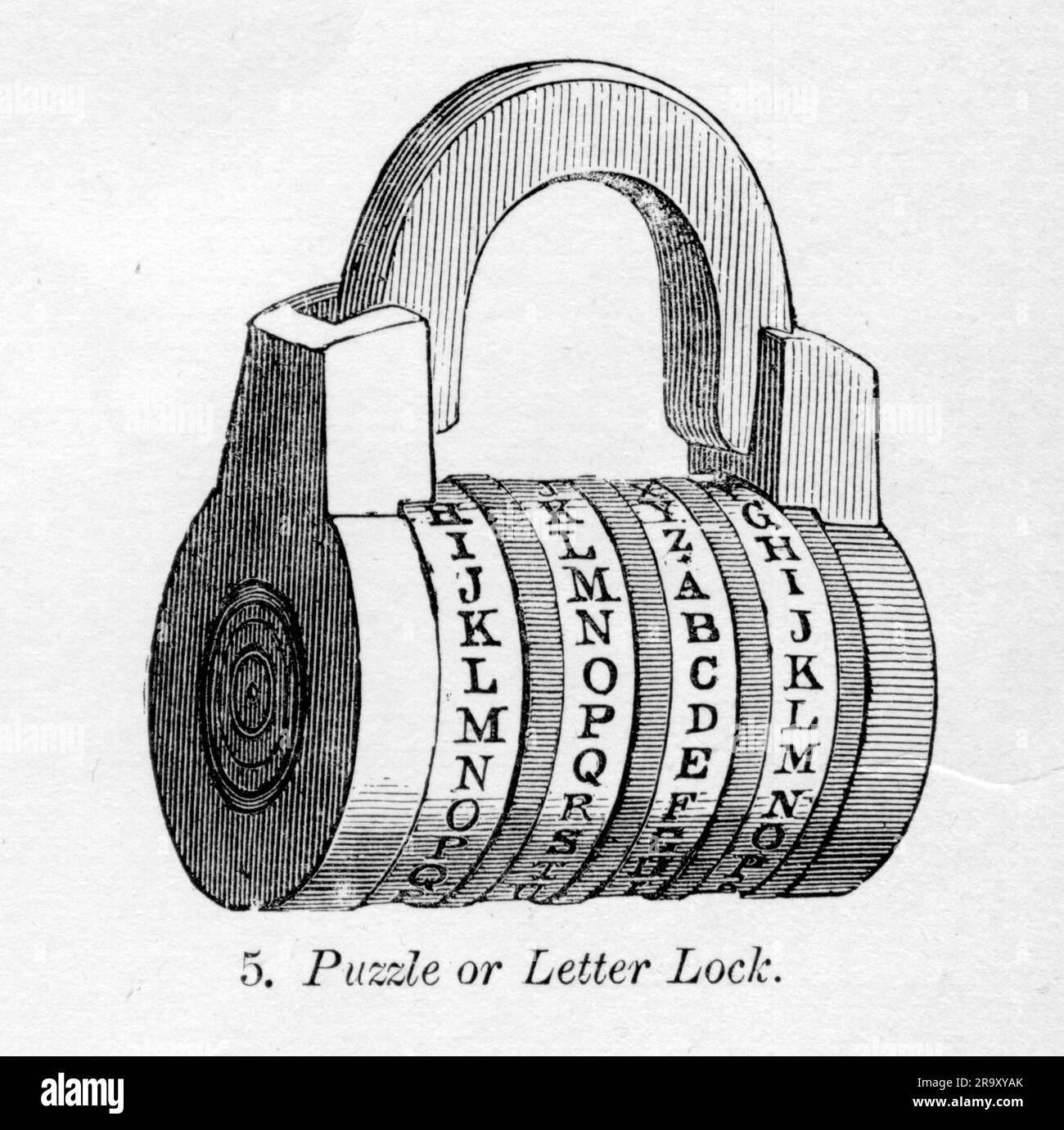 technics, locks and keys, letter lock, wood engraving, Great Britain, 2nd half 19th century, ARTIST'S COPYRIGHT HAS NOT TO BE CLEARED Stock Photo