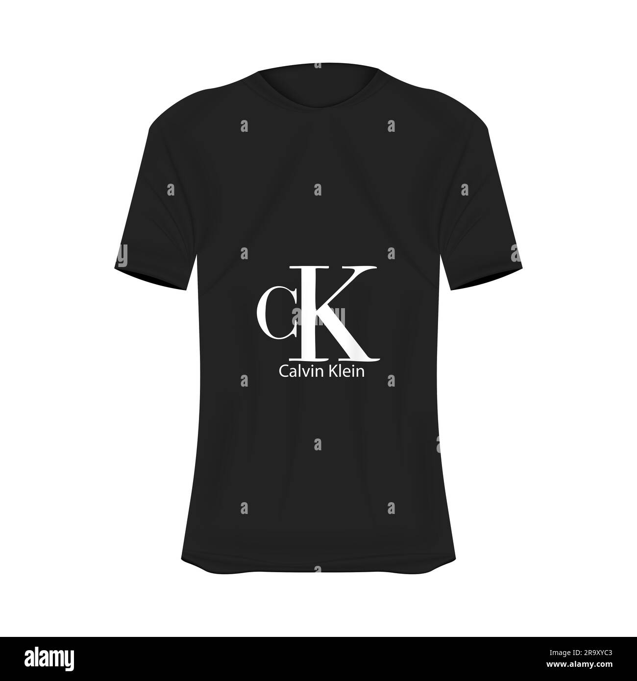 Calvin Klein logo T-shirt mockup in black colors. Mockup of realistic shirt with short sleeves. Blank t-shirt template with empty space for design. Ca Stock Vector