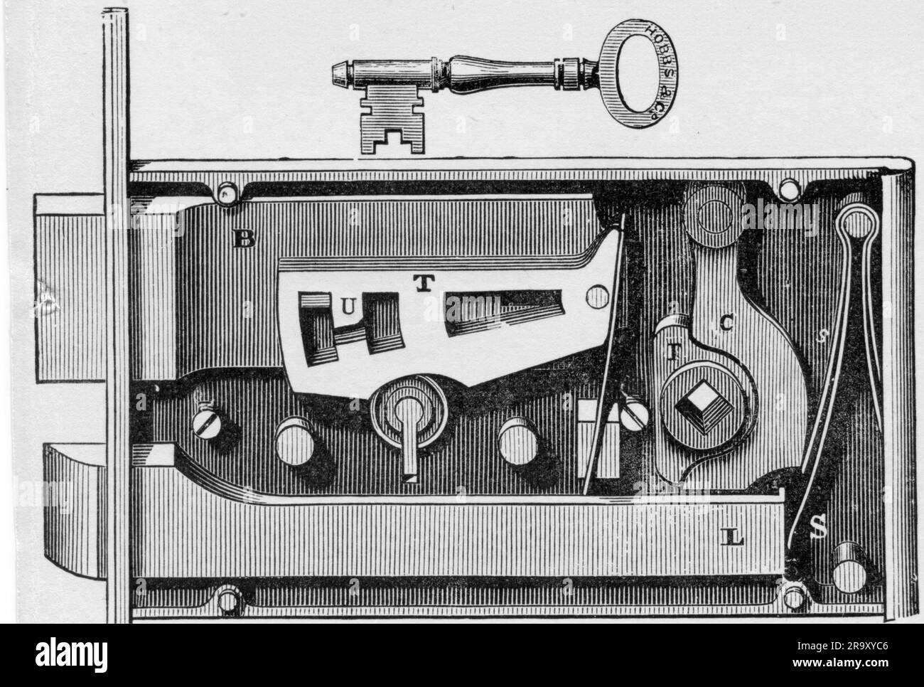 technics, locks and keys, double-bolt mortise lock, wood engraving, Great Britain, 2nd half 19th century, ARTIST'S COPYRIGHT HAS NOT TO BE CLEARED Stock Photo