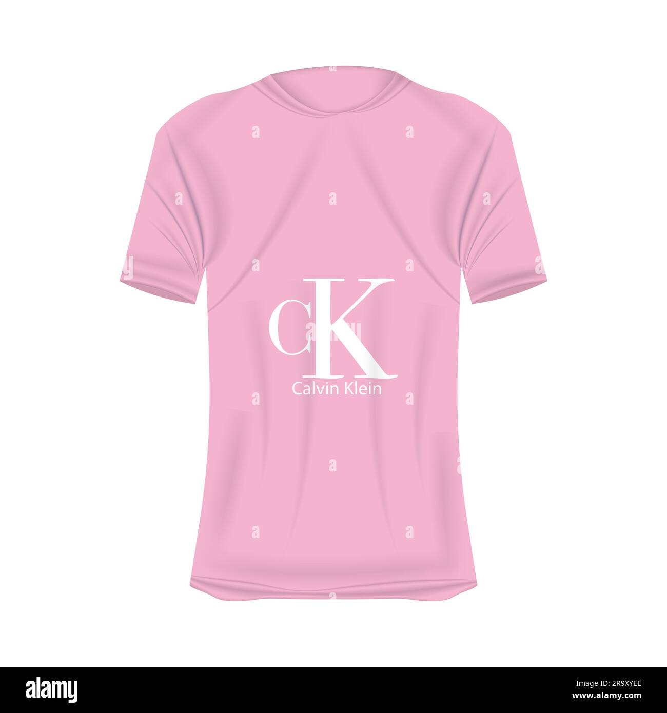 Calvin Klein logo T-shirt mockup in pink colors. Mockup of realistic shirt with short sleeves. Blank t-shirt template with empty space for design. Cal Stock Vector