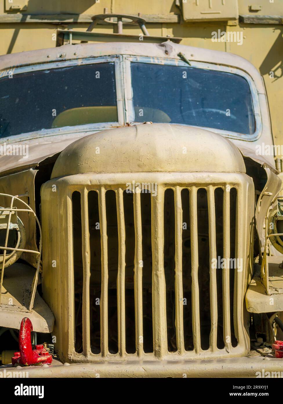 Front grill of old army truck at exhibition centre Stock Photo