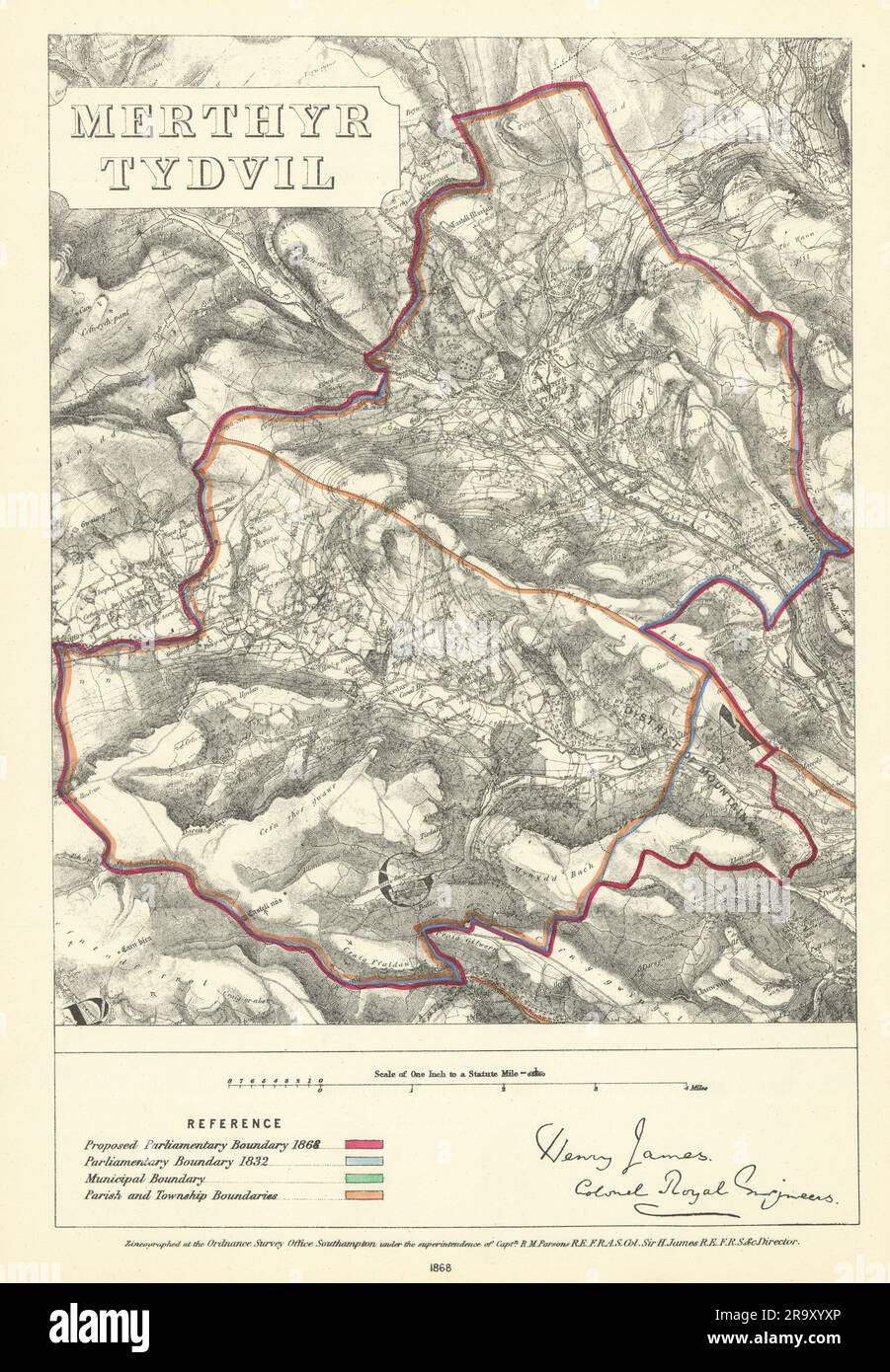 Merthyr Tydfil, Glamorganshire. JAMES. Boundary Commission 1868 old map Stock Photo