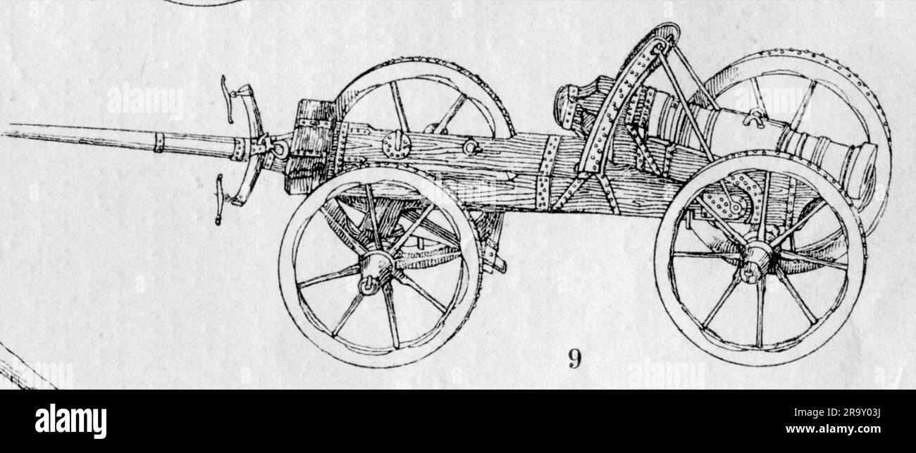 weapons, artillery, light field gun on a gun carriage with double drawbar, 1470 - 1480, limbered, ARTIST'S COPYRIGHT HAS NOT TO BE CLEARED Stock Photo