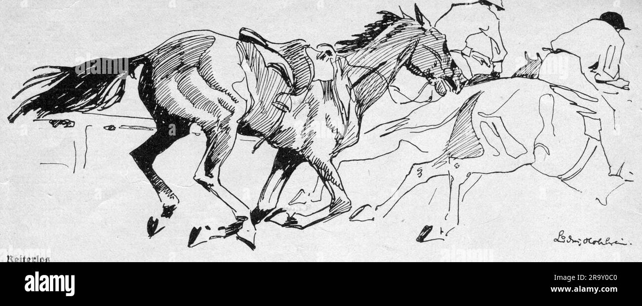 sports, horse-riding, horse races, Munich Race, 'Riderless', drawing by Ludwig Hohlwein, 'Die Jugend', 1913, ARTIST'S COPYRIGHT HAS NOT TO BE CLEARED Stock Photo