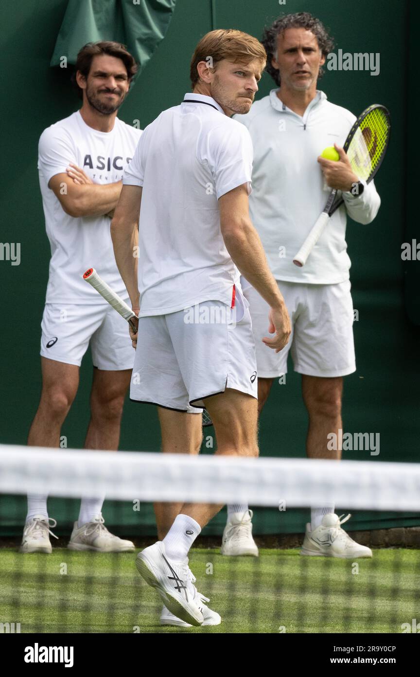 London, UK. 29th June, 2023. Goffin's coach Germain Gigounon, Belgian David  Goffin and Goffin's coach Yannis Demeroutis a training session ahead of the  2023 Wimbledon grand slam tennis tournament at the All