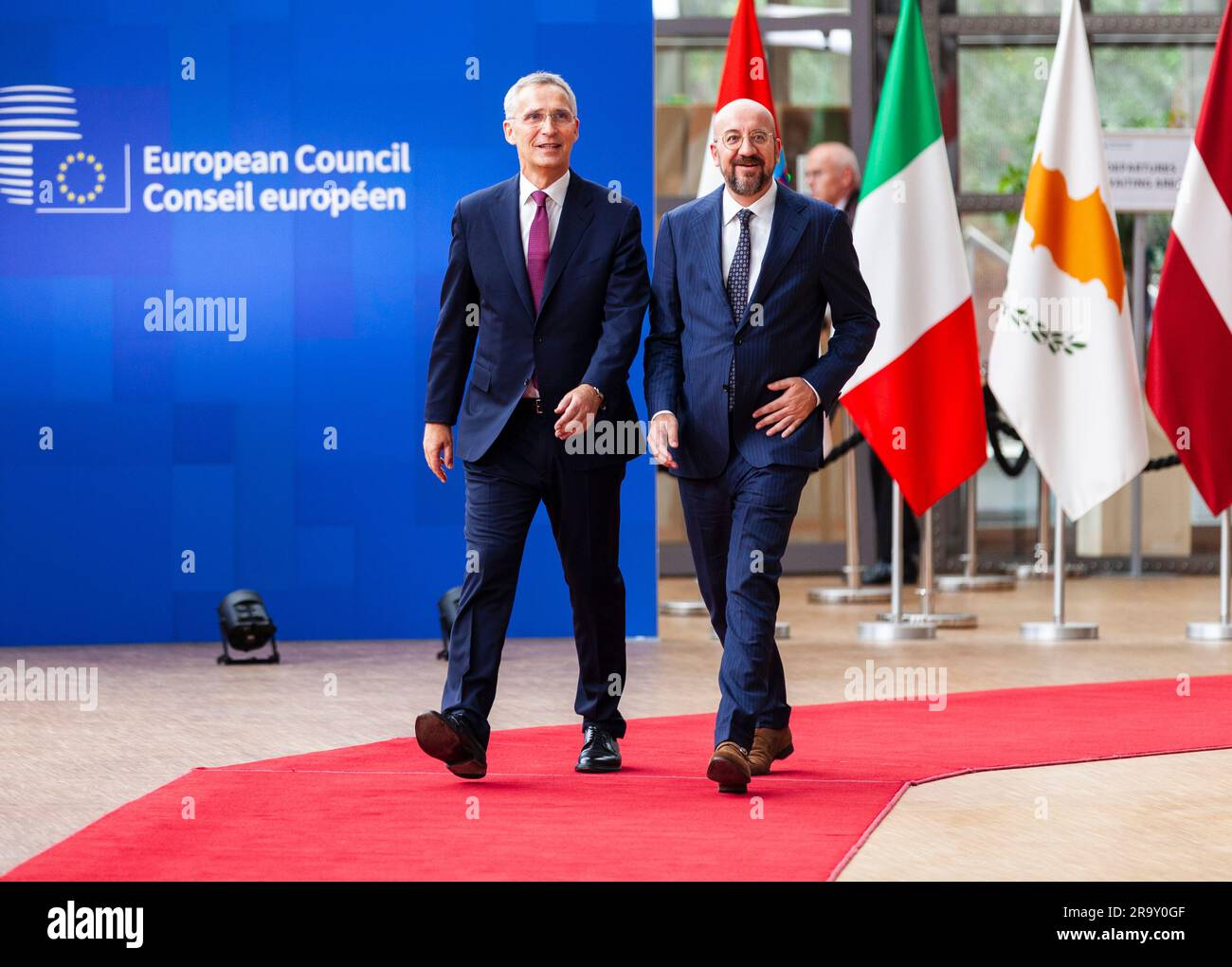 Brussels, Belgium. 29th June, 2023. Nicolas Landemard/Le Pictorium - Arrival of heads of state at the European Summit. - 29/06/2023 - Belgium/Brussels/Brussels - The European heads of state are meeting in the Belgian capital on 29 and 30 June. Arrival of Jens Stoltenberg (L) Secretary General of NATO and Charles Michel (R) President of the Council of Europe. Credit: LE PICTORIUM/Alamy Live News Stock Photo