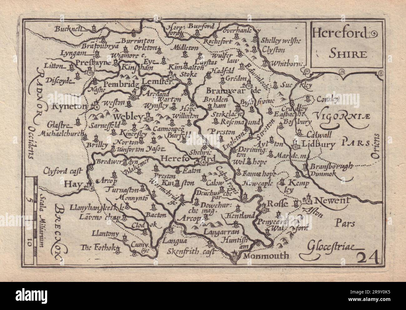 Hereford Shire by van den Keere. 'Speed miniature' Herefordshire county map 1632 Stock Photo