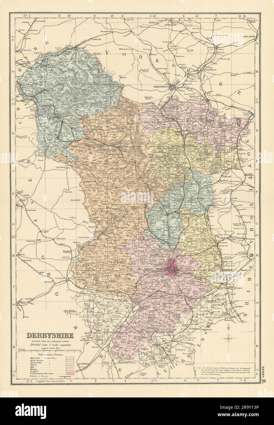 DERBYSHIRE antique county map by GW BACON 1891 old plan chart Stock ...