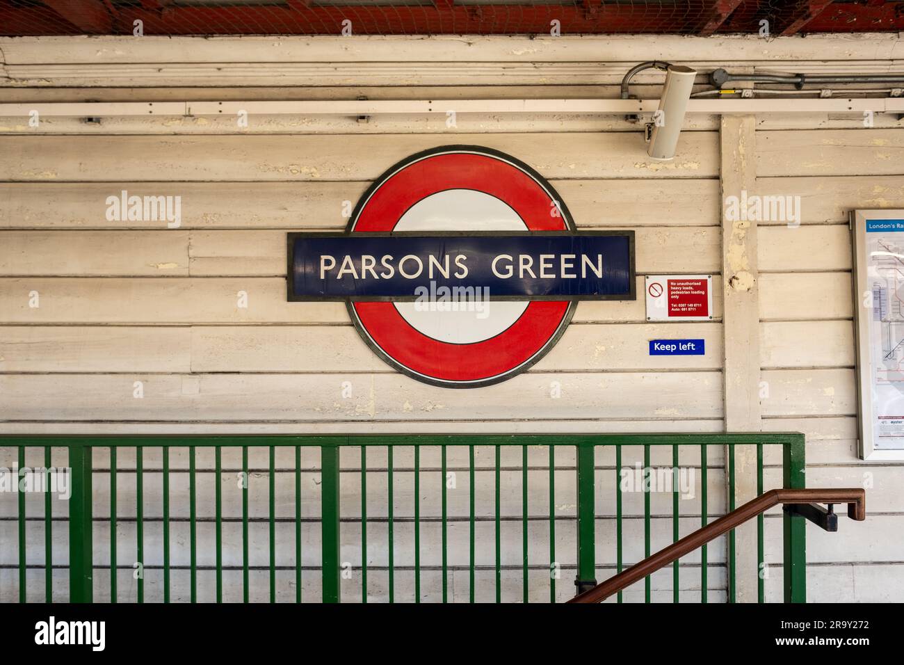 LONDON- APRIL, 2023: Parsons Green Underground station logo on platform- District line station in SW6 south west London Stock Photo
