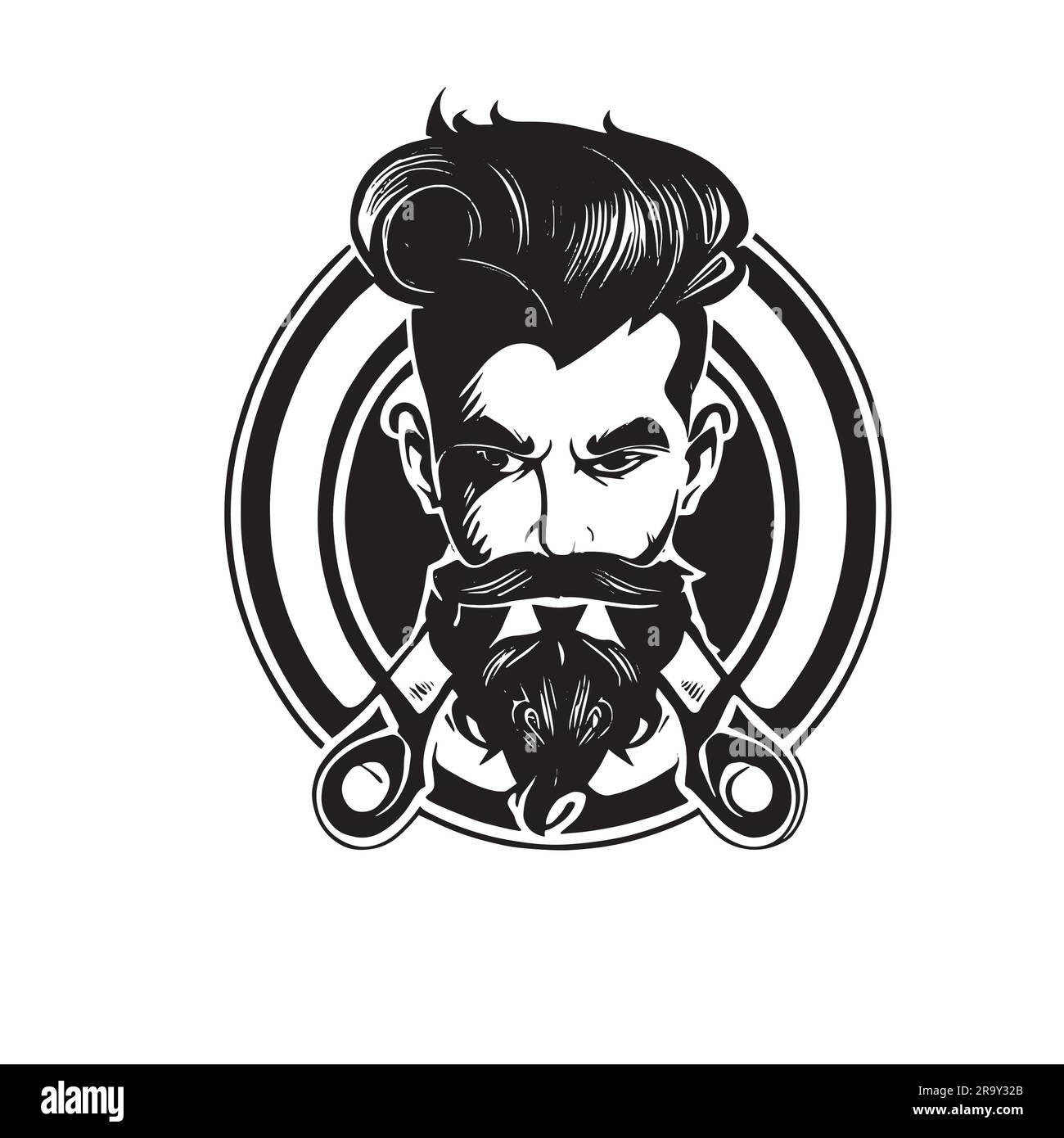 barber logo in black color on a white background. Retro style illustration of a bearded hipster man with moustache and beard viewed from front. Stock Vector
