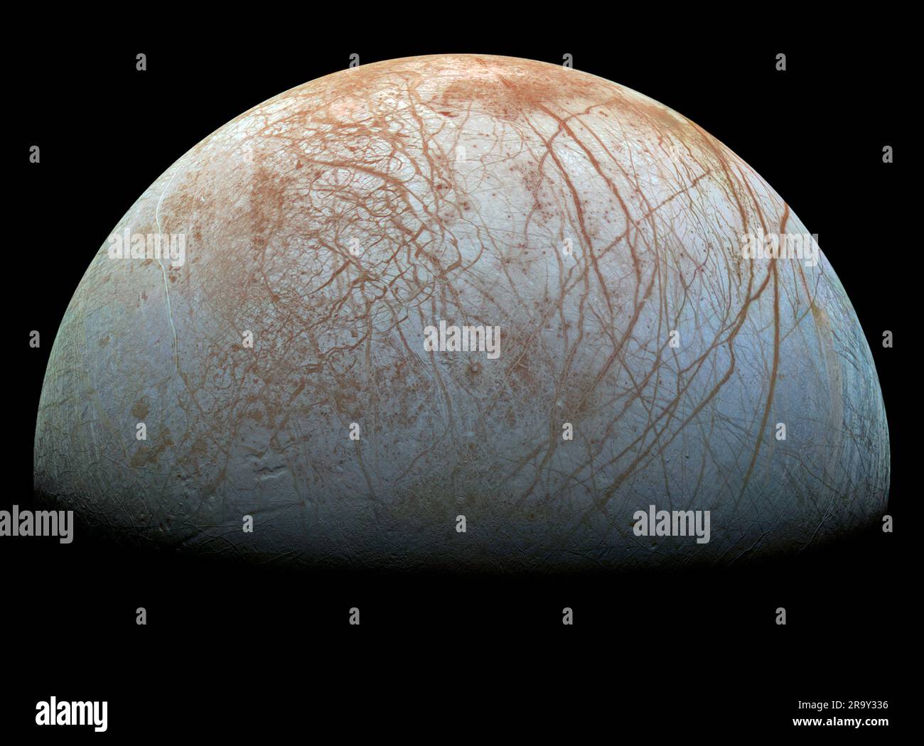 Europa, or Jupiter II, is the smallest of the four Galilean moons orbiting Jupiter, and the sixth-closest to the planet of all the 95 known moons of Jupiter. It is also the sixth-largest moon in the Solar System Stock Photo