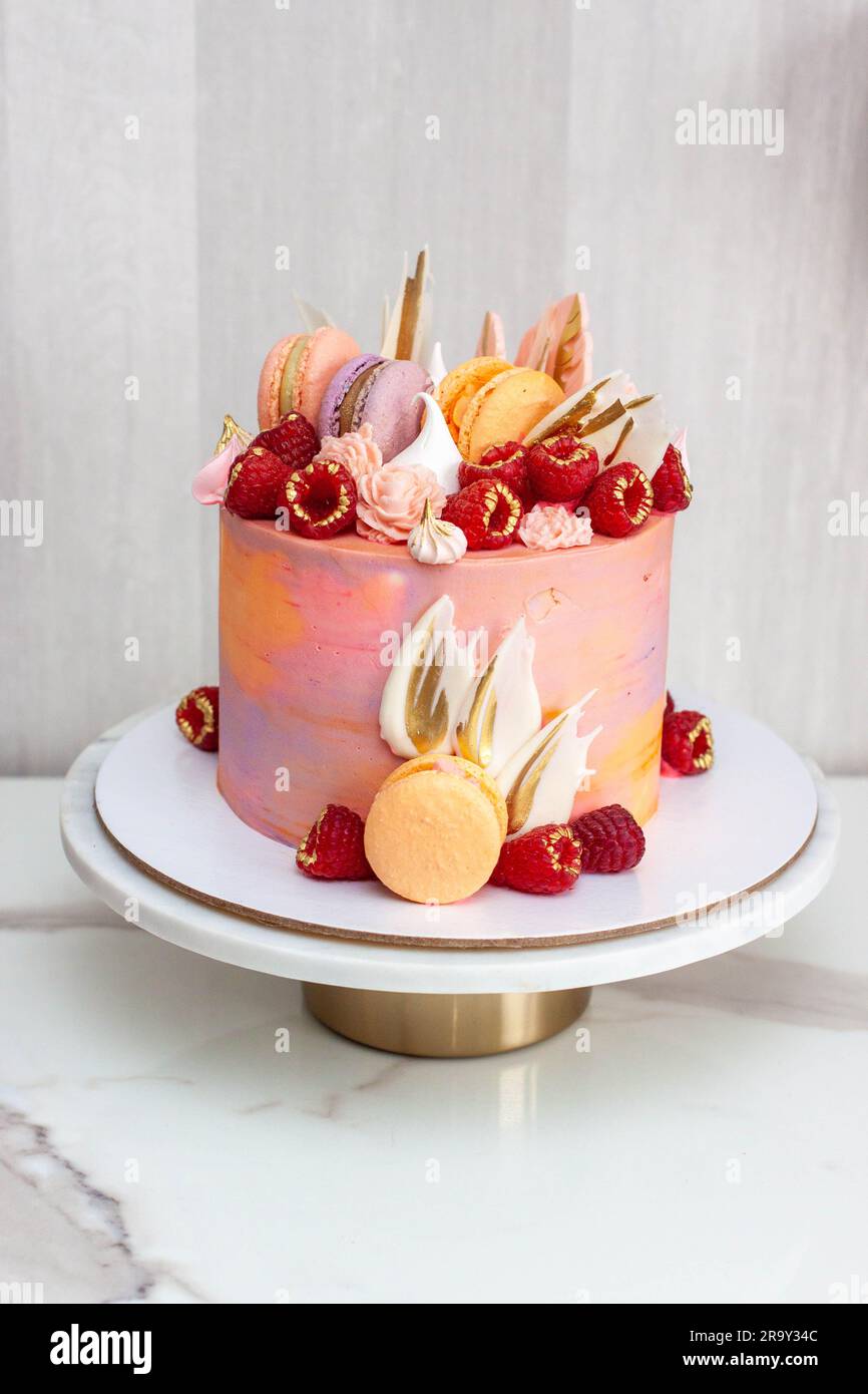 Pink cake decorated with fresh raspberries, chocolate petals, macaroons and meringues Stock Photo