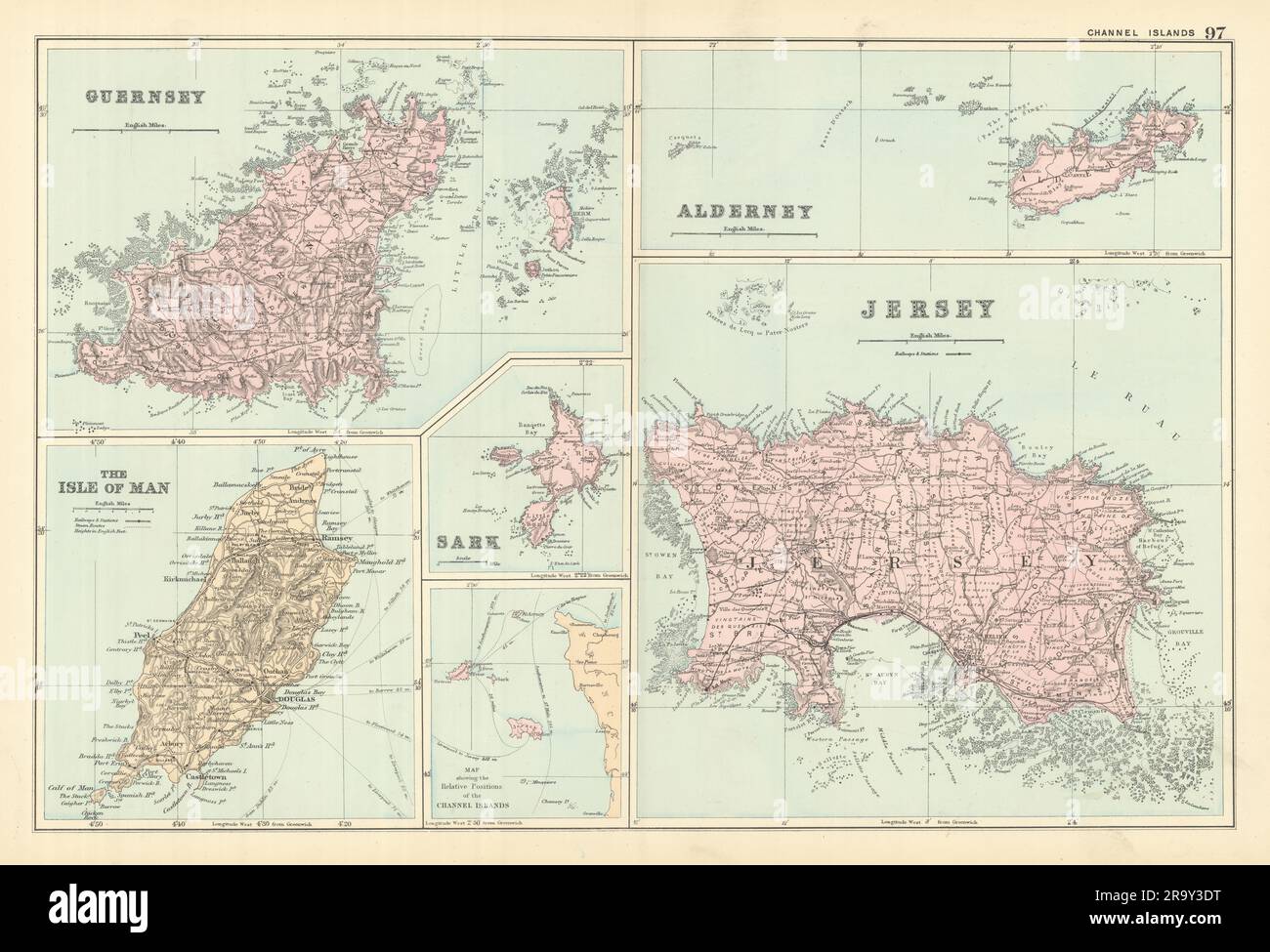 CHANNEL ISLANDS & ISLE OF MAN Alderney Guernsey Jersey Sark by GW BACON 1891 map Stock Photo