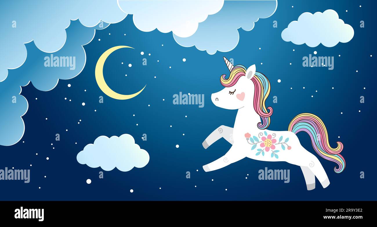 Cute unicorn jumps on fluffy clouds in the night sky Stock Vector Image ...
